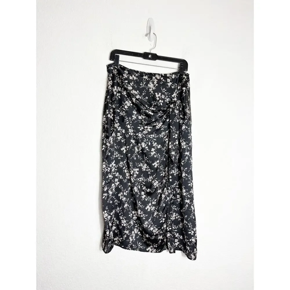 Zara Black Floral Satin Midi Skirt Size Large Side Knot Lightweight 2492/063